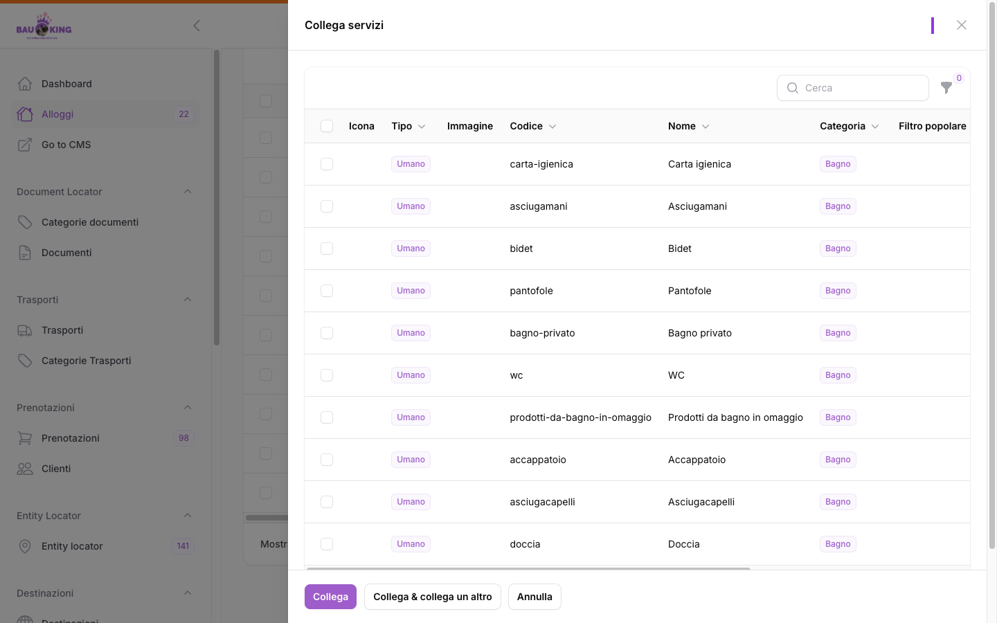 Modal "Collega servizi" con ricerca e lista selezionabile