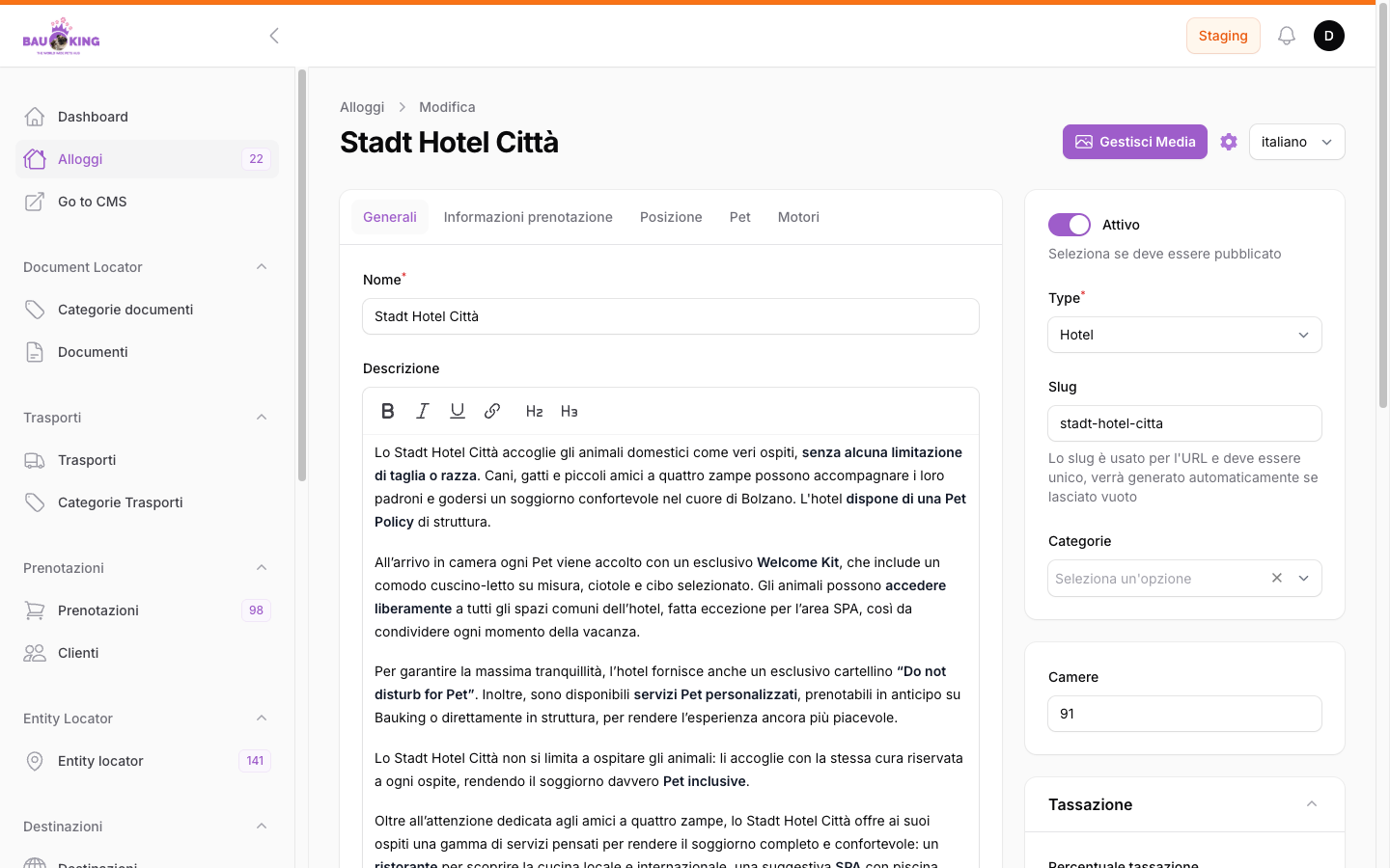 Tab "Servizi" evidenziata nella pagina di modifica alloggio