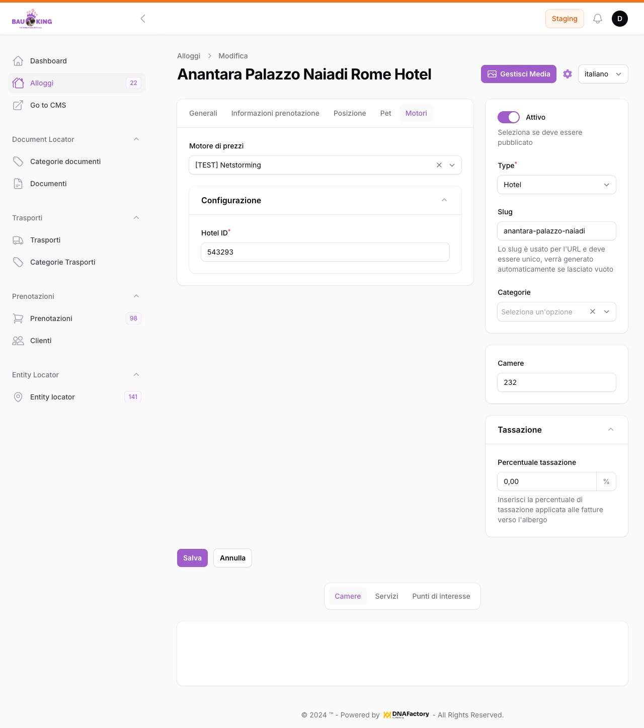 Scheda Motori: campo Hotel ID evidenziato