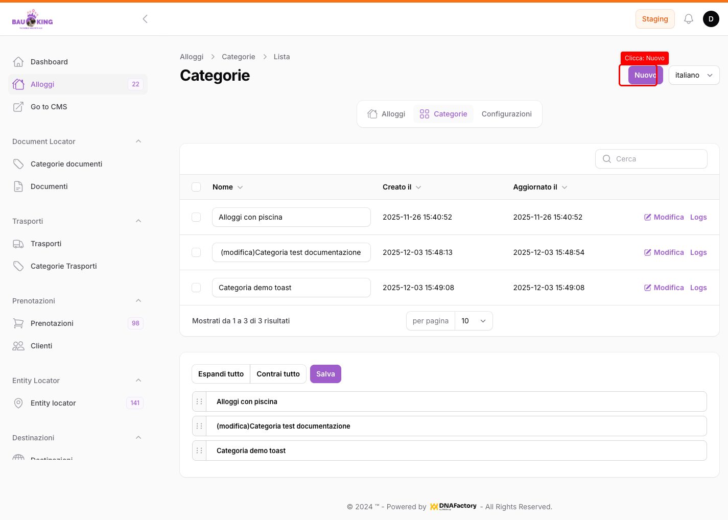 Schermata categorie: pulsante Nuovo