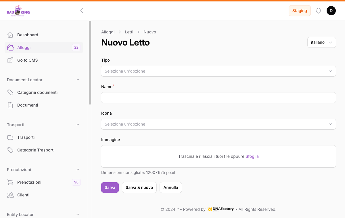 Form Nuovo letto: campi principali