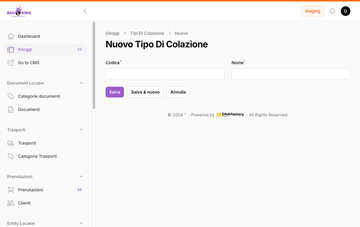Form Nuovo tipo di colazione: campi Codice e Nome