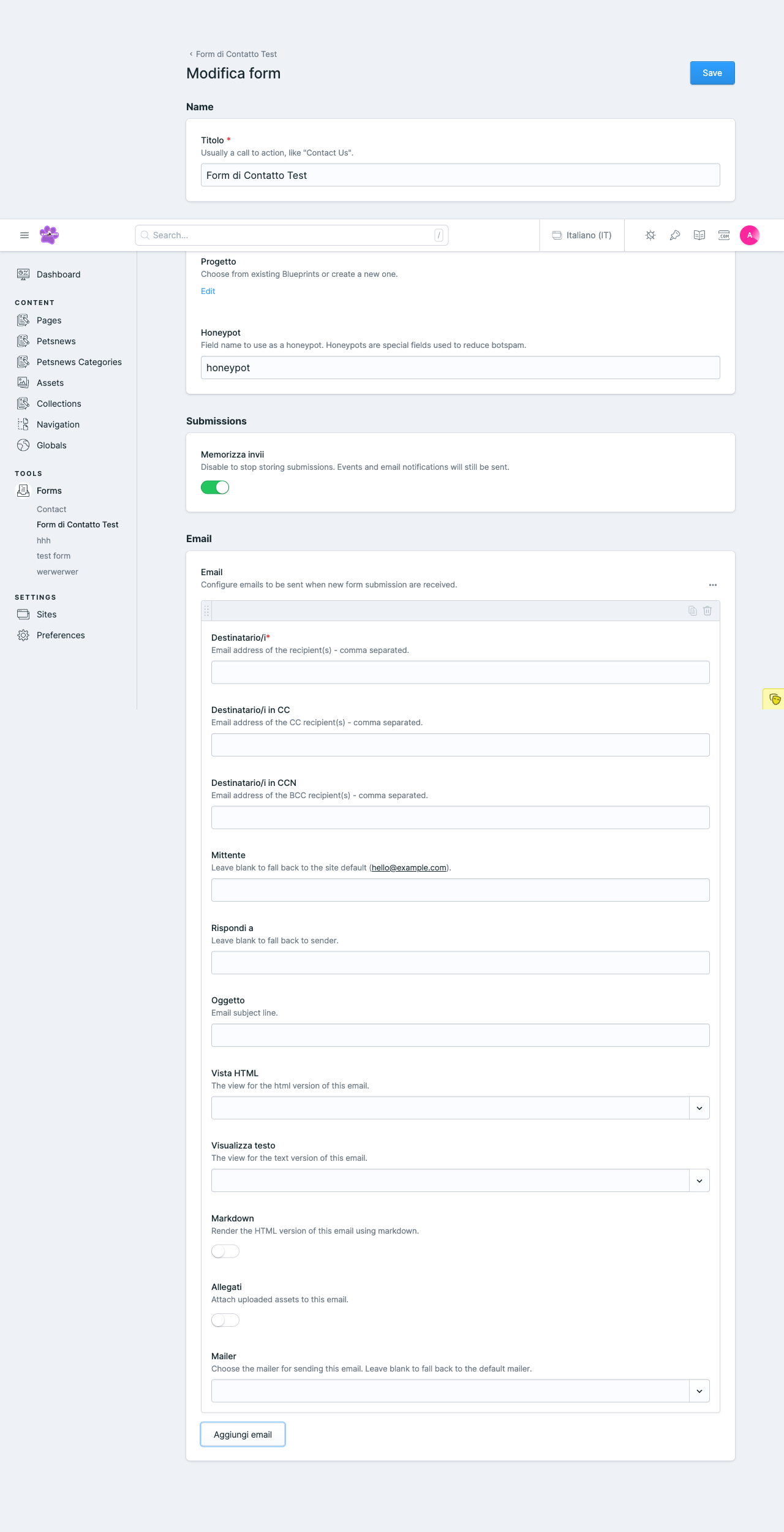 Configurazione email