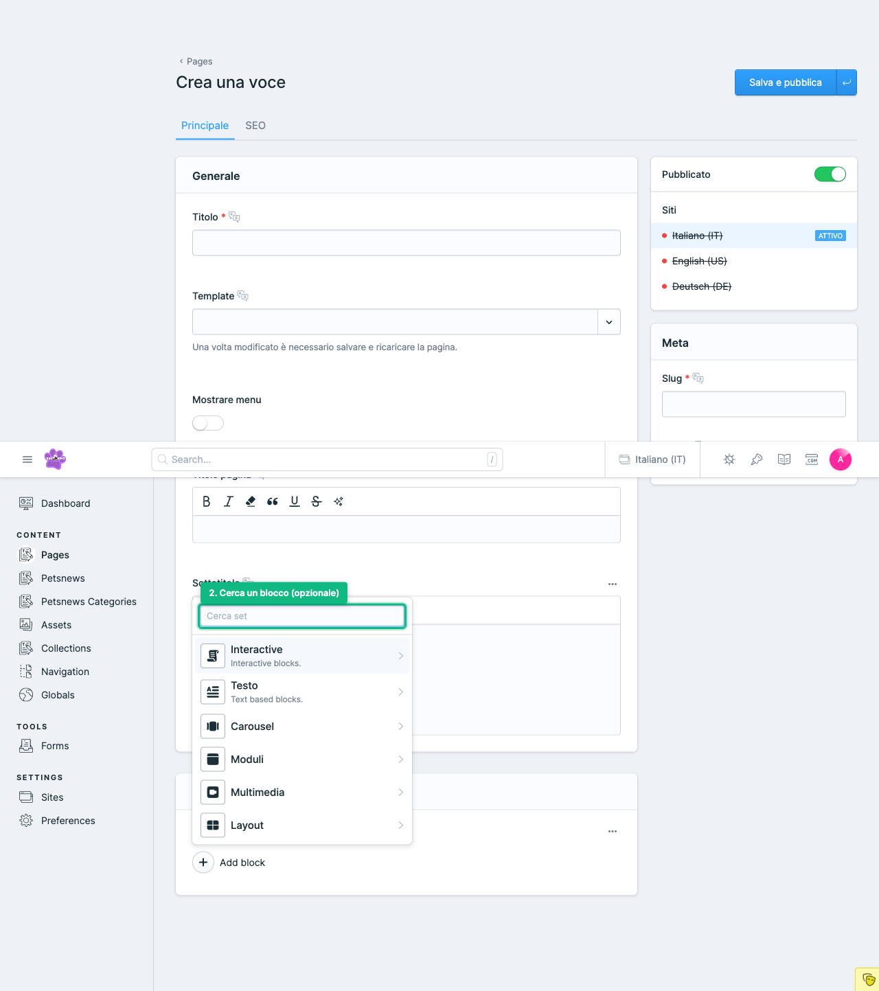 Passo 2: Menu dei blocchi con annotazioni
