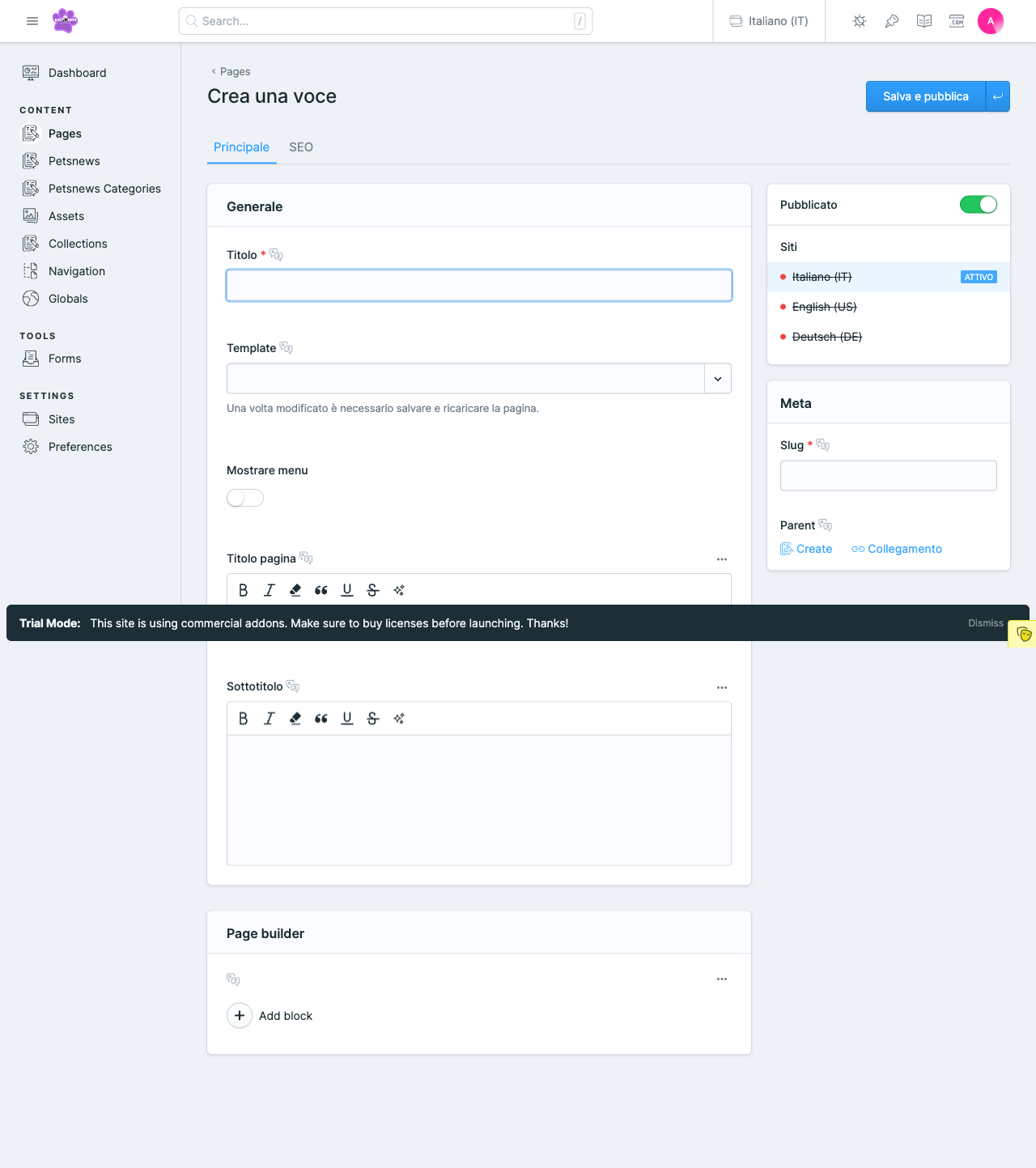 Form di creazione pagina - Sezione Principale