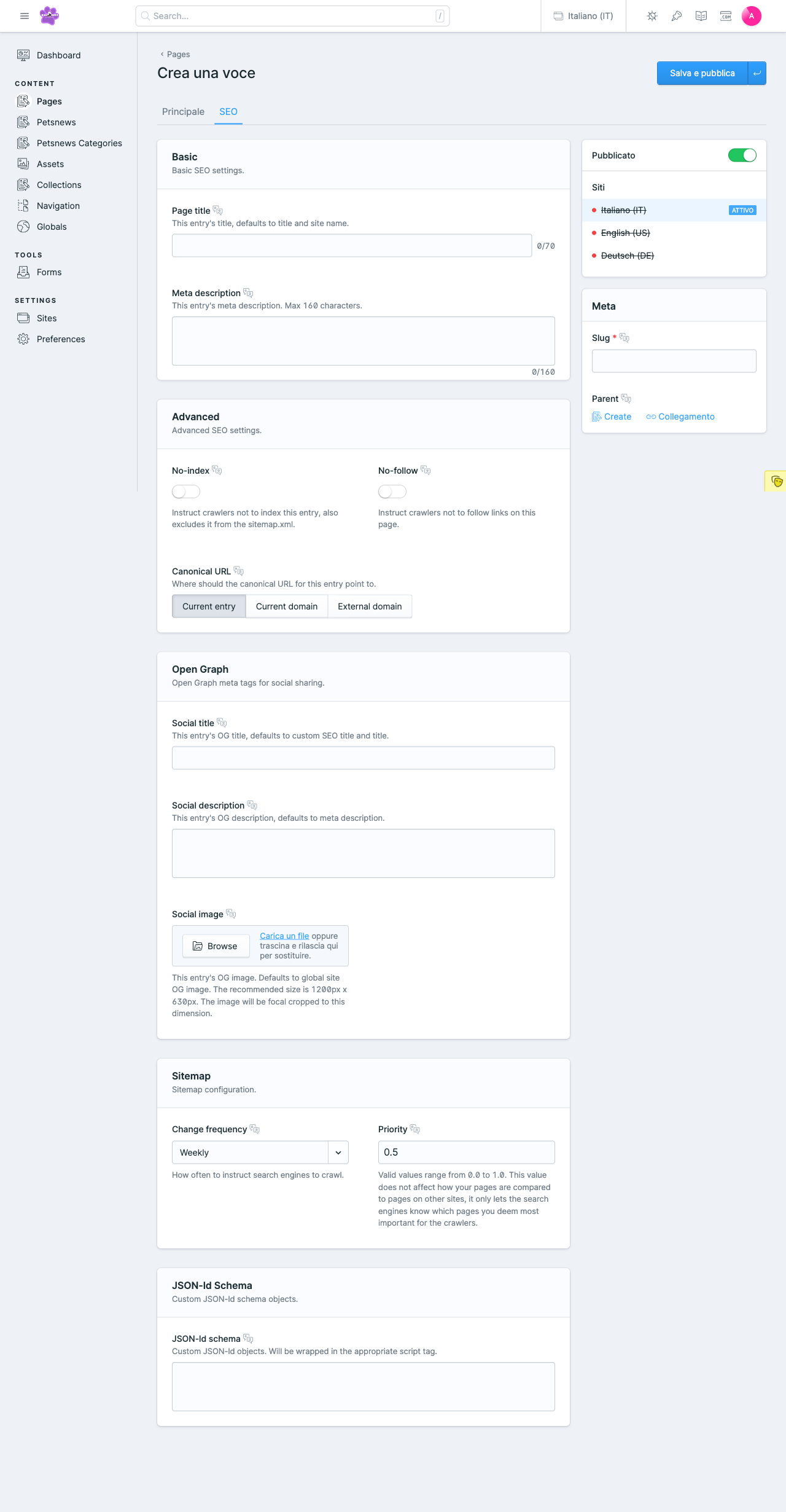 Form di creazione pagina - Sezione SEO