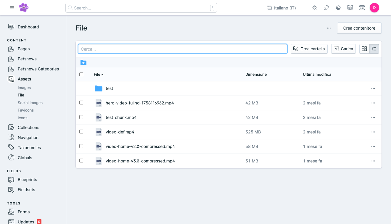 Vista sezione Files