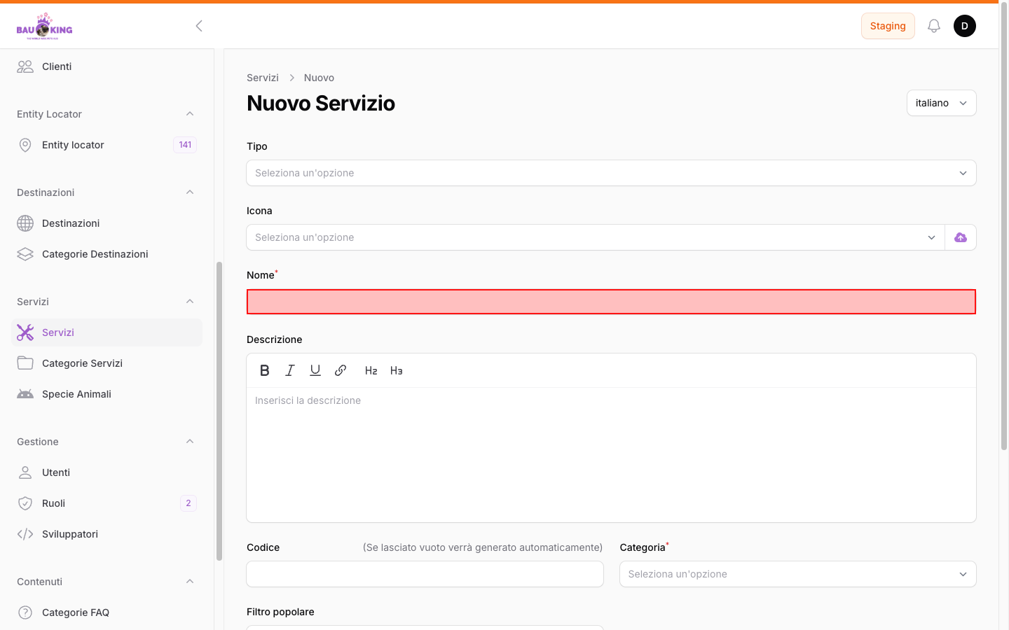 Form nuovo servizio — campi principali