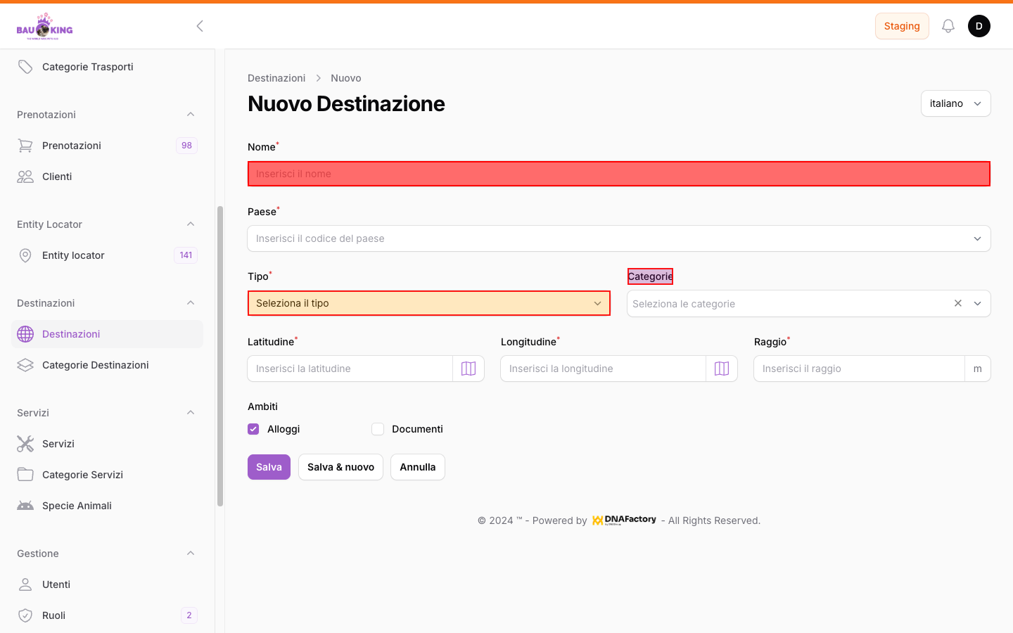 Modulo "Nuovo Destinazione" — Campi principali