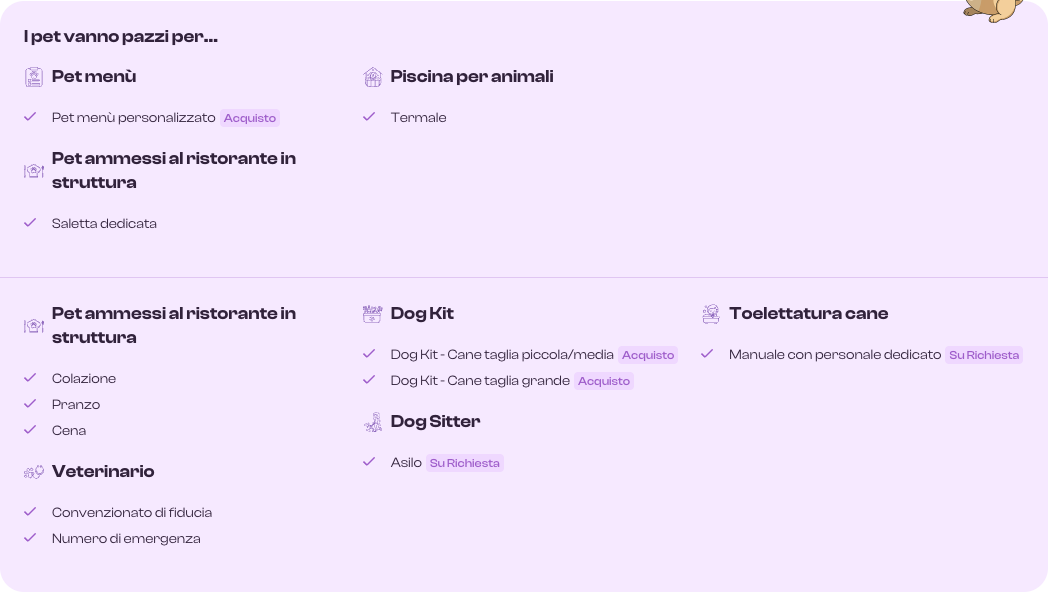 Sezione servizi sul sito online — Pet e dettaglio voci