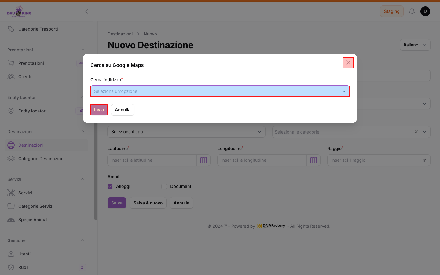 Modal "Cerca su Google Maps" — campo ricerca e azioni