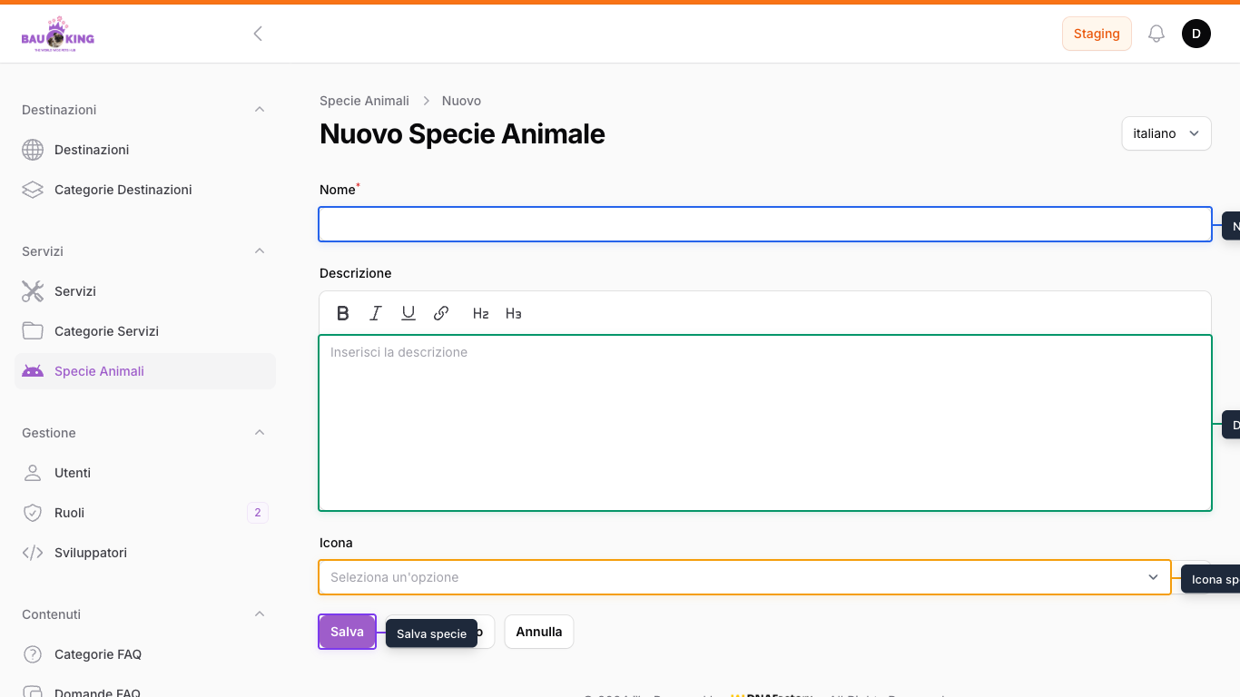 Form di creazione specie animale