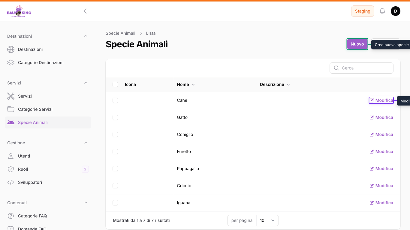 Lista specie animali