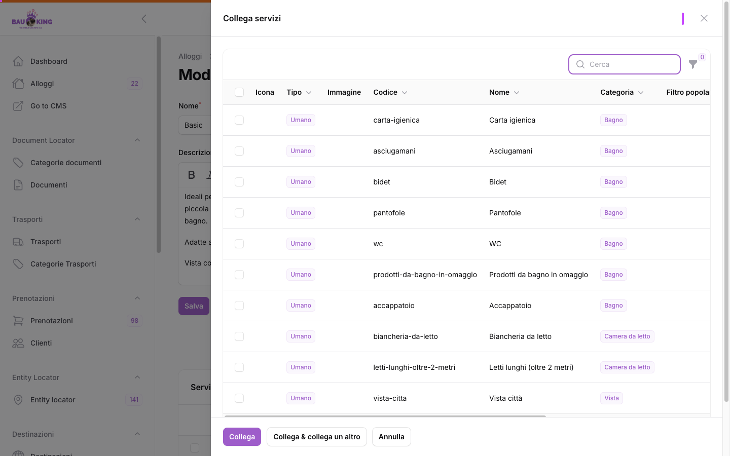 Modal "Collega servizi" per tipo di camera — ricerca e lista selezionabile