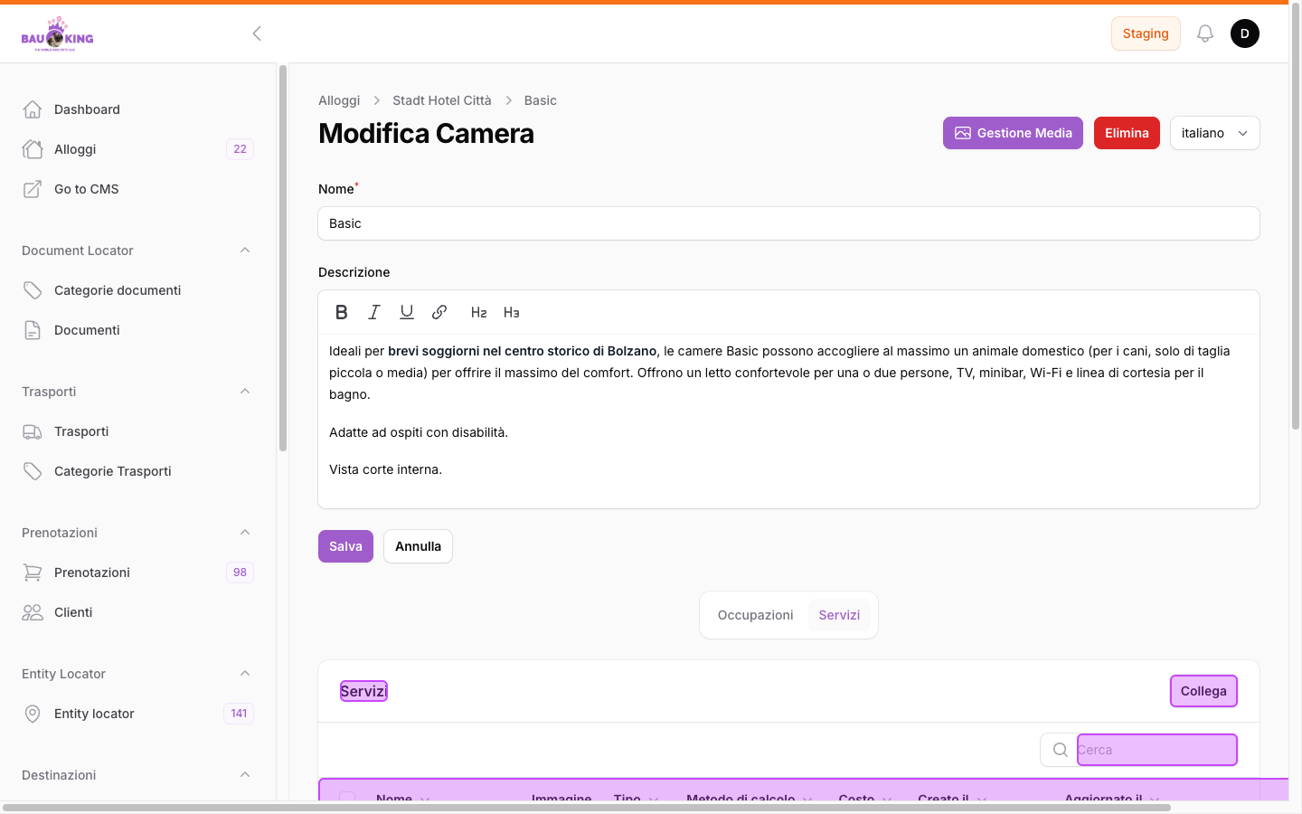 Tab "Servizi" del tipo di camera evidenziata