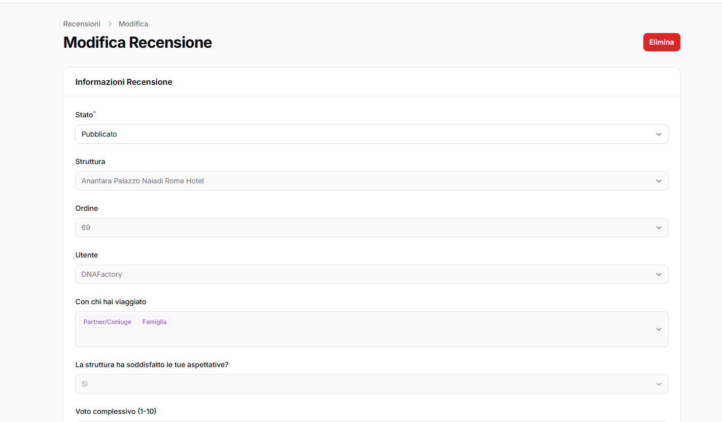 Sezione modifica recensioni