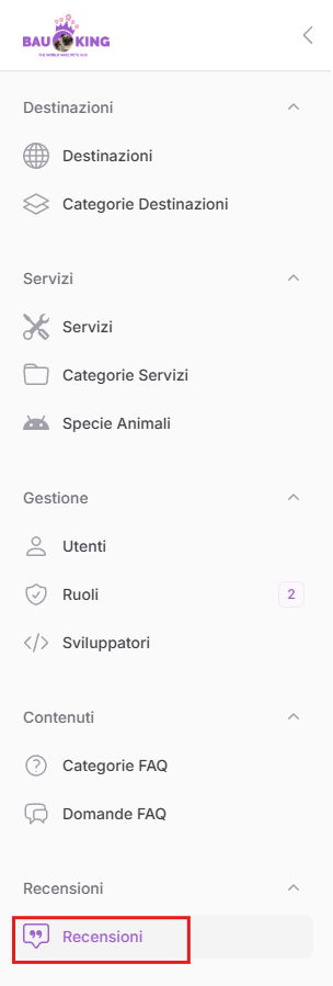 Sezione recensioni dal menu
